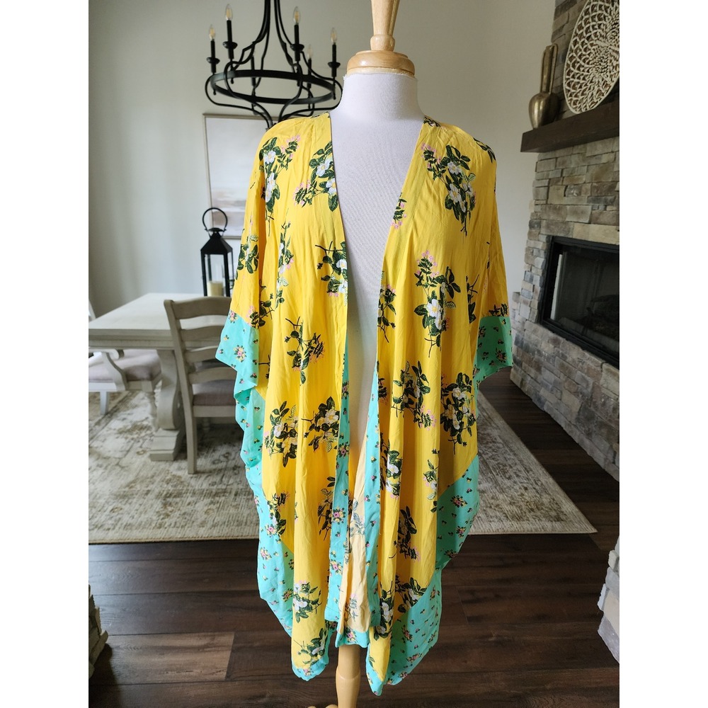 Matilda Jane Floral Kimono Cardigan‎ Yellow Boho Cottagecore Open Front Rayon ML